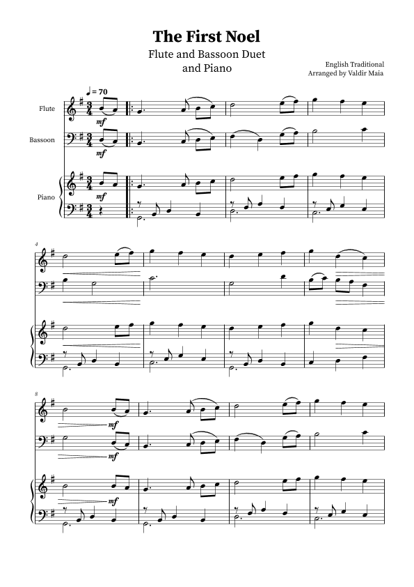 The First Noel - Flute and Bassoon Duet with Piano (arr. Valdir Maia)