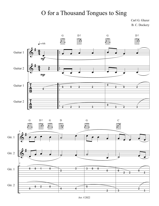 O for a Thousand Tongues to Sing (Guitar Duet or Trio with TAB) (arr. B. C. Dockery)