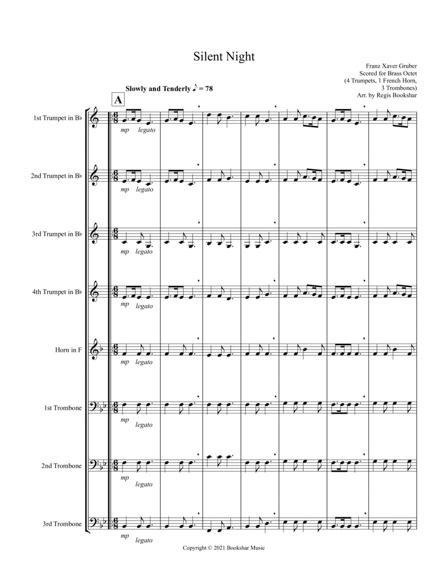 Silent Night (Bb) (Brass Octet - 4 Trp, 1 Hrn, 3 Trb) (arr. Regis Bookshar)