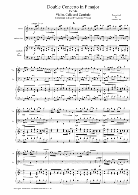 Vivaldi - Double Concerto in F major RV 544 for Violin, Cello, and Cembalo or Piano (arr. Santino Cara)