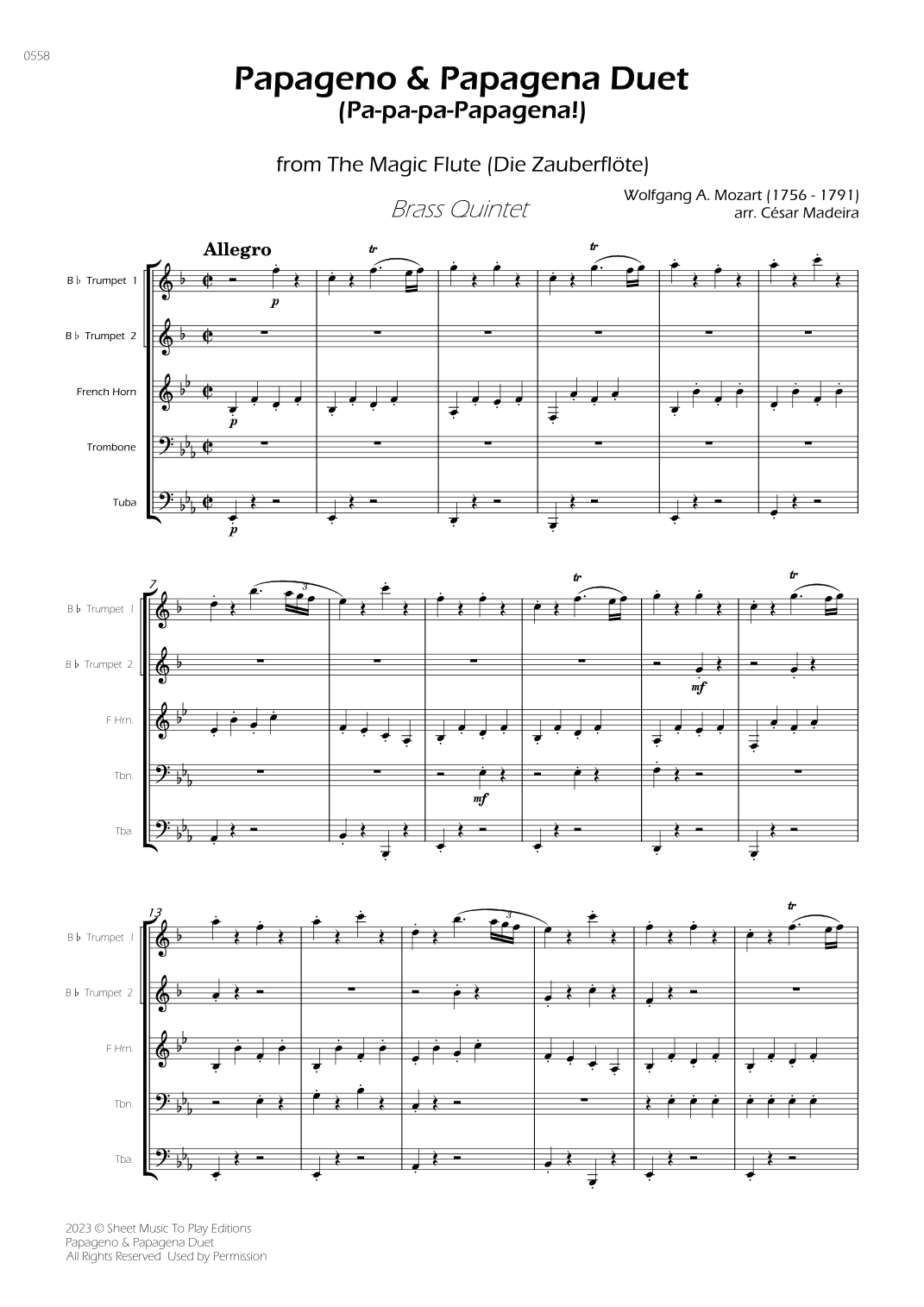 Papageno and Papagena Duet - Brass Quintet (Full Score) - Score Only (arr. César Madeira)
