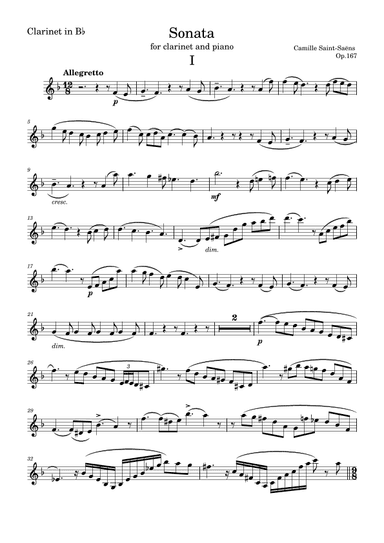Sonata Op.167  by C. Saint-Saens, Clarinet part (arr. Saho Omukai)