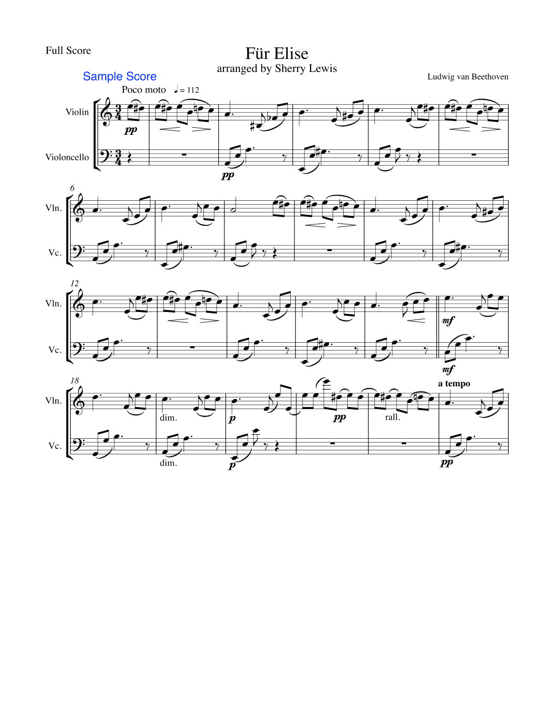 FÜR ELISE, FUR ELISE, String Duo, Intermediate Level for violin and cello (arr. Sherry Lewis)