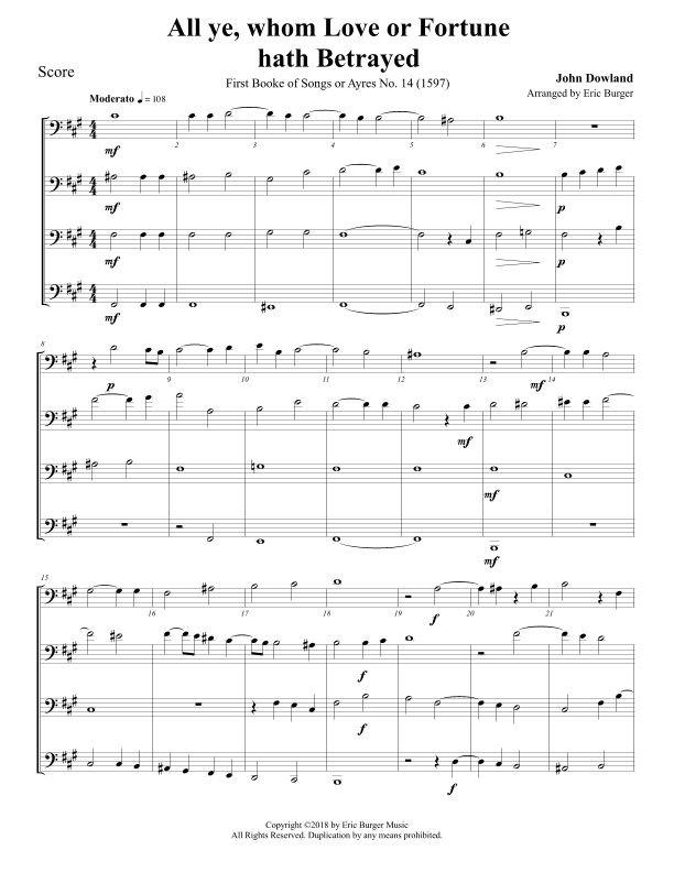 All Ye, whom Love or Fortune hath Betrayed for Trombone or Low Brass Quartet (arr. Eric Burger Music)
