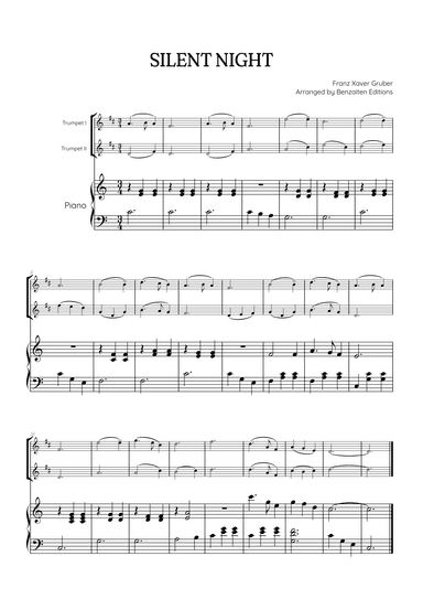 Silent Night for trumpet duet with piano accompaniment • easy Christmas song sheet music (arr. Benzaiten Editions)