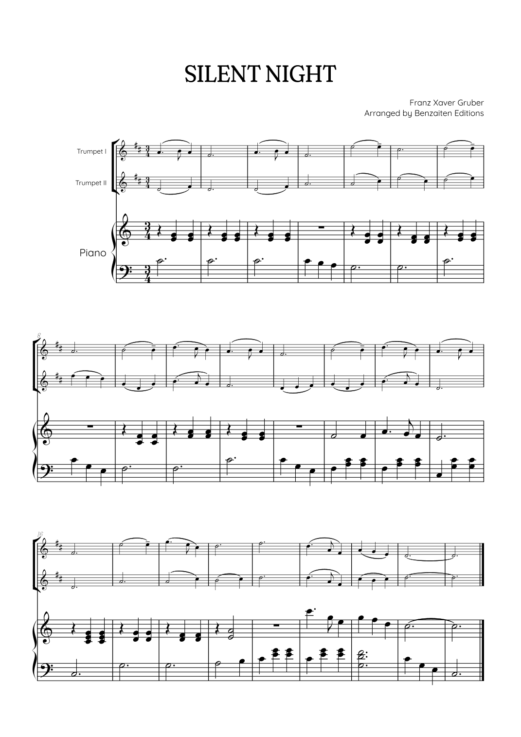 Silent Night for trumpet duet with piano accompaniment • easy Christmas song sheet music (arr. Benzaiten Editions)
