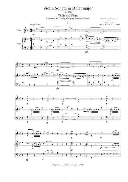 Mozart - Violin Sonata in B flat major K 570 for Violin and Piano - Score and Part (arr. Santino Cara)