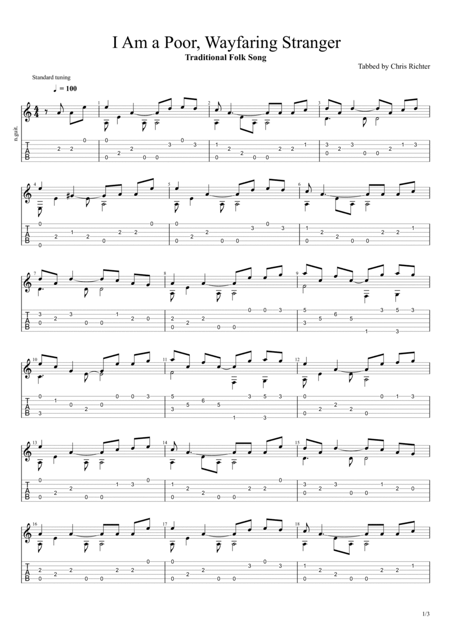 I Am a Poor, Wayfaring Stranger (Solo Fingerstyle Guitar Tab) (arr. Chris Richter)