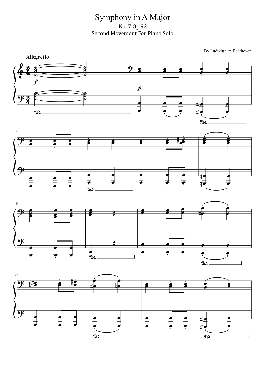 Beethoven Symphony No.7 in A Major, Op. 92 - 2nd Movement - For Piano Solo Original (arr. poon)