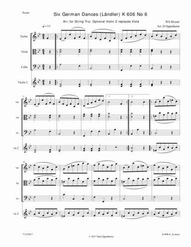 Mozart: 6 German Dances K 606 No. 6 arr. for String Trio; Optional - 2nd Violin replaces the Viola (arr. D Oppenheim)