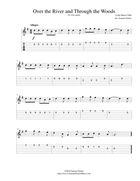 Over the River and Through the Woods - for easy guitar with TAB (arr. Samuel Stokes)