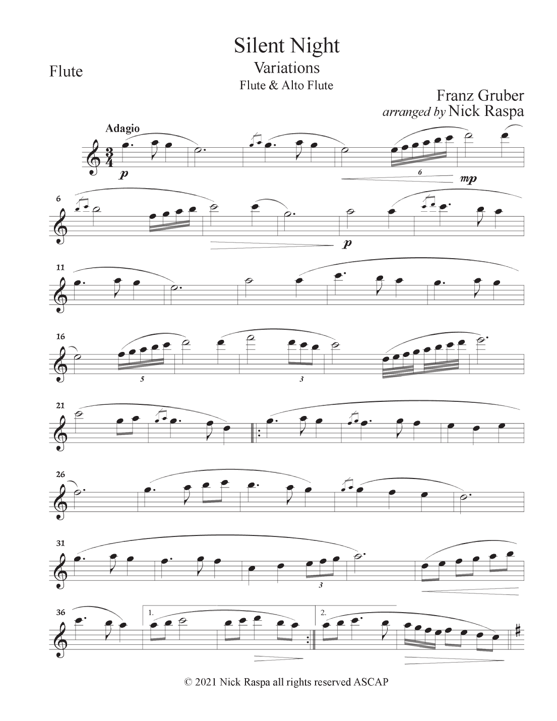 Silent Night - Variations (Flute & Alto Flute Duet) Flute part (arr. Nick Raspa)