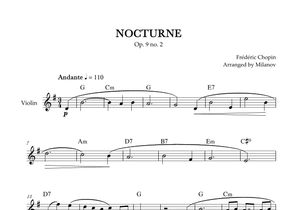 Chopin Nocturne op. 9 no. 2 | Violin | G Major | Chords | Easy beginner (arr. Milanov)
