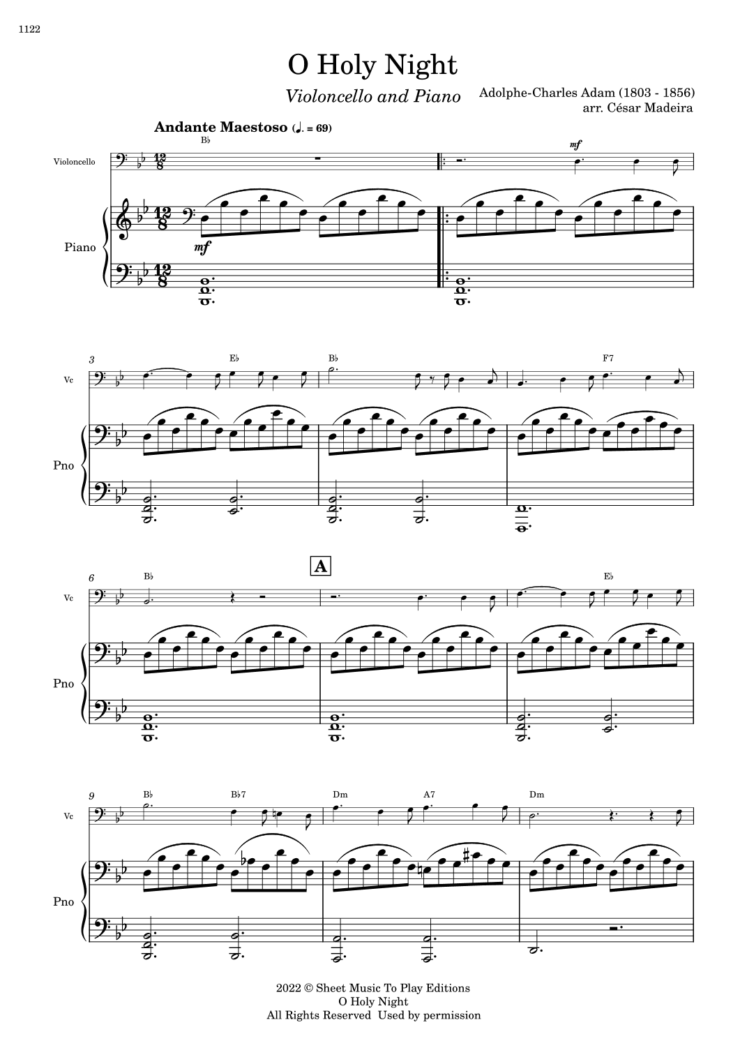 O Holy Night - Cello and Piano - W/Chords (Full Score and Parts) (arr. César Madeira)