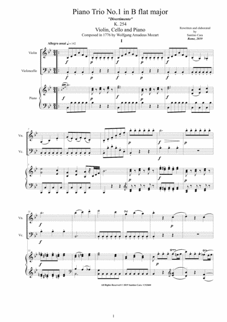 Mozart - Piano Trio No.1 in B flat (Divertimento) K 254 for Violin, Cello and Piano (arr. Santino Cara)