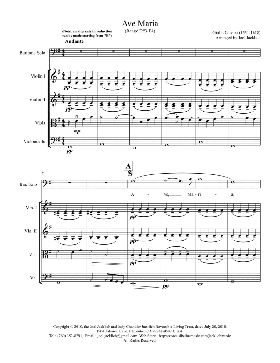 Ave Maria (Caccini) E minor for voice and string quartet (arr. Joel Jacklich (ASCAP))