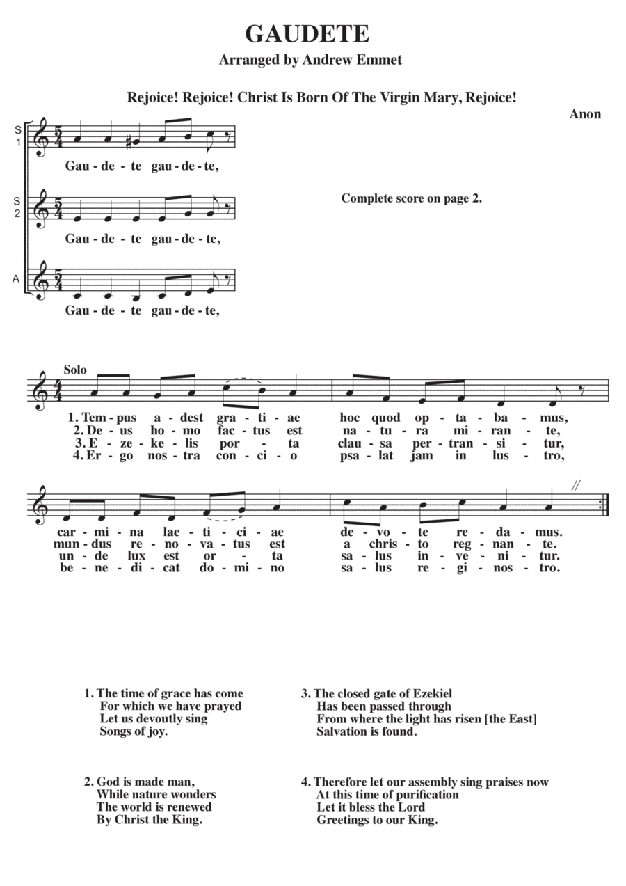 Gaudete A Cappella SSA (arr. Andrew Emmet)