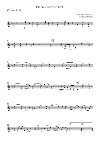 Piano Concerto Nº 1 - 1st Mov. Theme (P. Tchaikovsky) for Clarinet in Bb Solo (C Major) (arr. Fernando Britto)