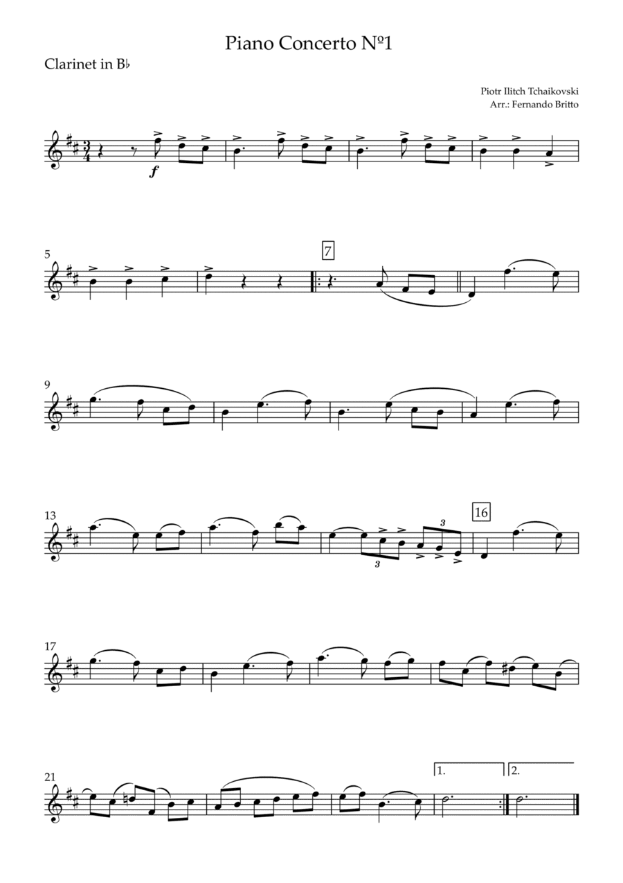 Piano Concerto Nº 1 - 1st Mov. Theme (P. Tchaikovsky) for Clarinet in Bb Solo (C Major) (arr. Fernando Britto)