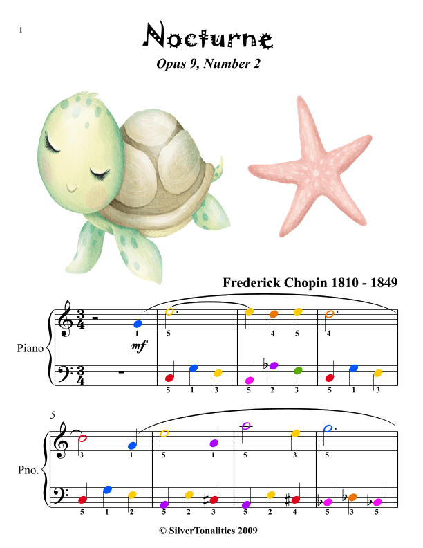 Nocturne Opus 9 Number 2 Easiest Piano Sheet Music with Colored Notes (arr. SilverTonalities)
