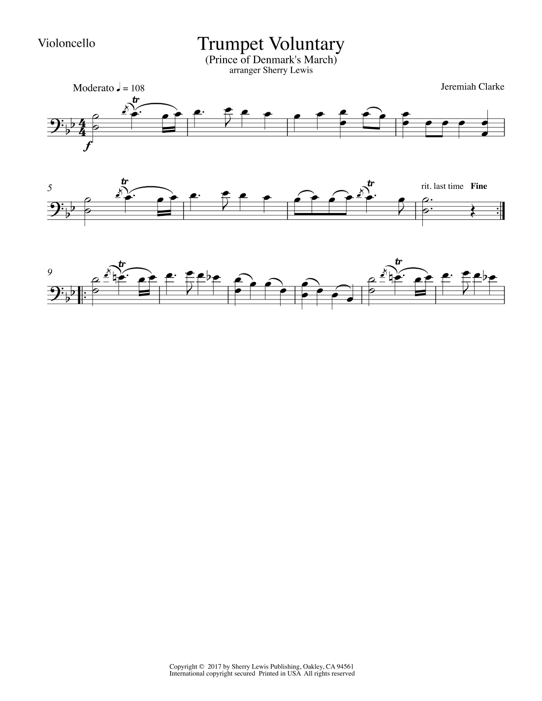 Trumpet Voluntary -The Prince of Denmark's Mark by Jeremiah Clarke for cello solo (arr. Sherry Lewis)
