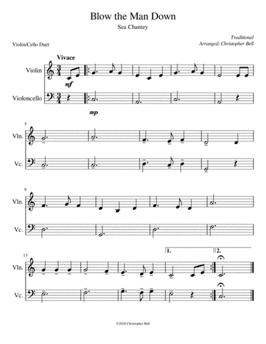 Blow The Man Down - Easy Violin/Cello Duet (arr. Christopher Bell)