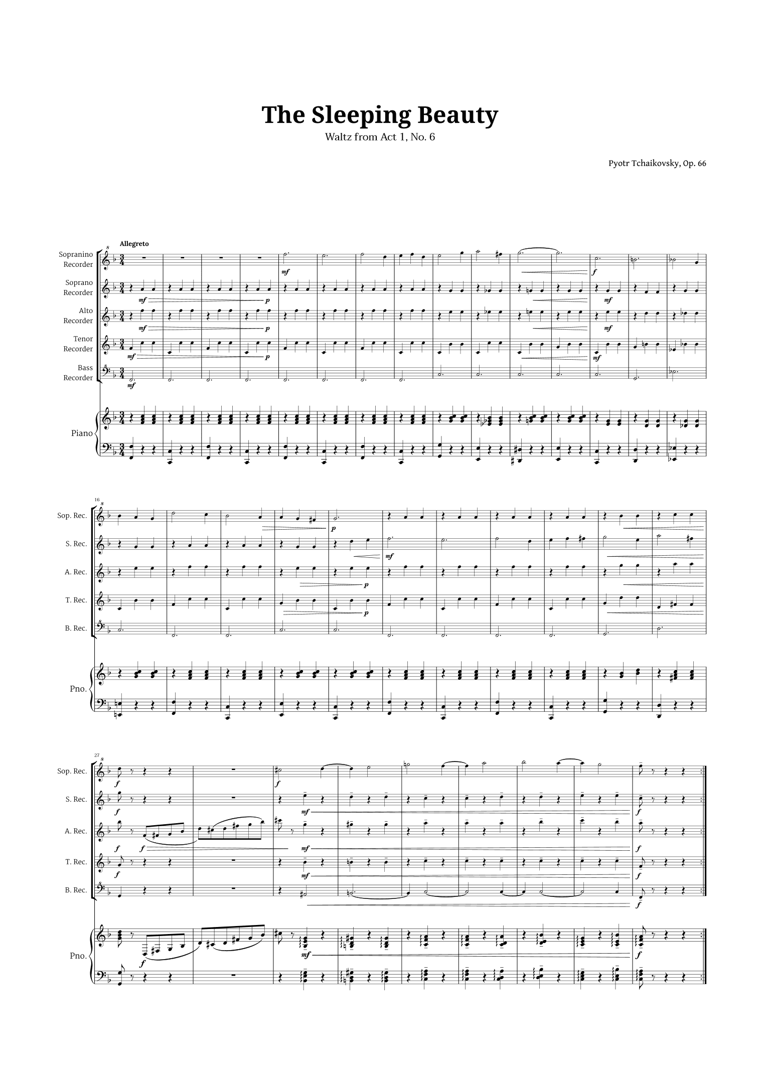 The Sleeping Beauty Waltz for Recorder Quintet and Piano (arr. Langanho)