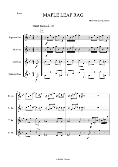 Maple Leaf Rag by Scott Joplin for Saxophone Quartet SATB (arr. The Sheet Music Library)