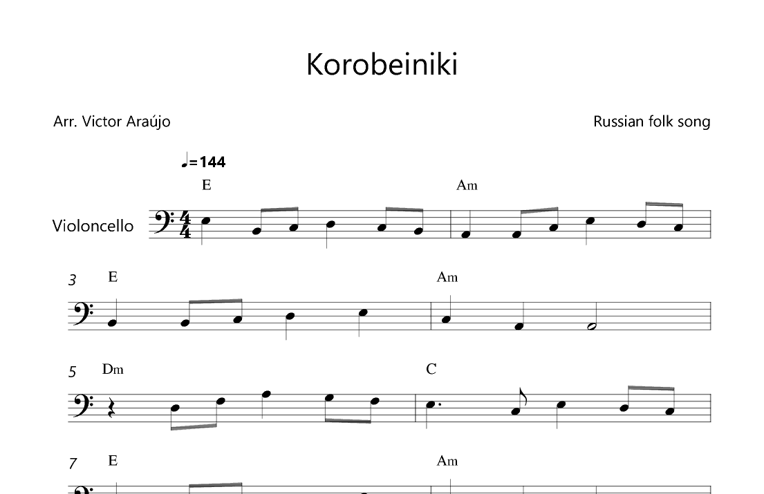 Korobeiniki  (from Tetris) - Cello Lead Sheet - Chord Symbols (arr. Victor Araújo)