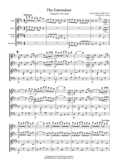 The Entertainer, Ragtime (easy, abridged) for wind quartet (fl, ob, cl, bsn) (arr. K. Krantz)