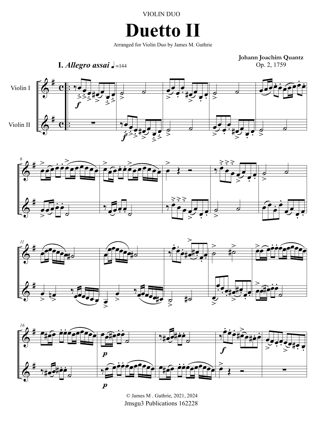Quantz: Duetto Op. 2 No. 2 for Violin Duo (arr. James M. Guthrie)