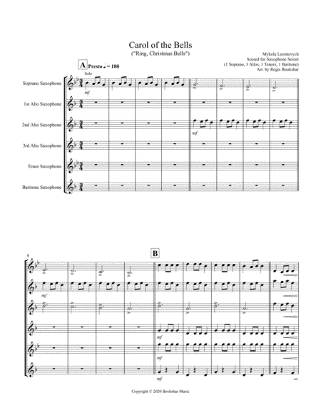 Carol of the Bells (F min) (Saxophone Sextet - 1 Sop, 3 Alto, 1 Ten, 1 Bari) (arr. Regis Bookshar)