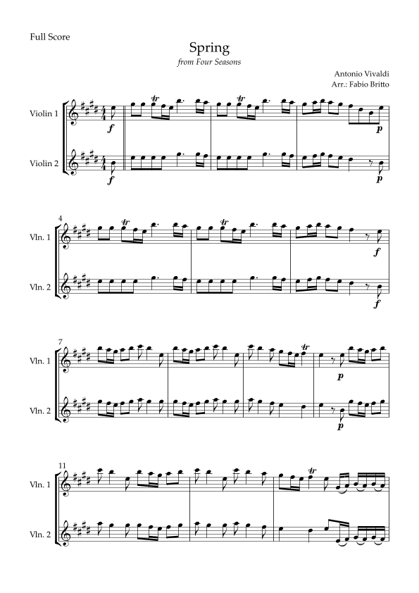 Spring (from Four Seasons of Antonio Vivaldi) for Violin Duo (arr. Fabio Britto)