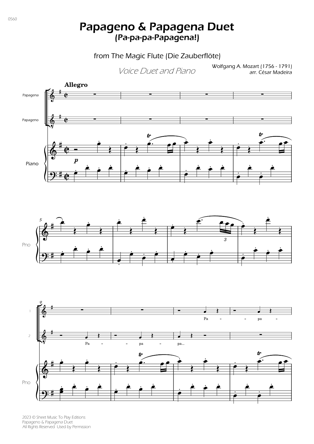Papageno and Papagena Duet - Voice Duet and Piano (Full Score) (arr. César Madeira)
