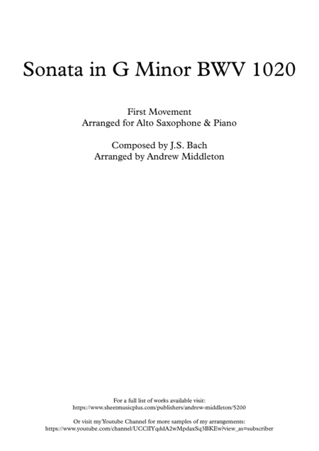 Sonata in G Minor BWV 1020, First Movement, arranged for Alto Saxophone & Piano (arr. Andrew Middleton)