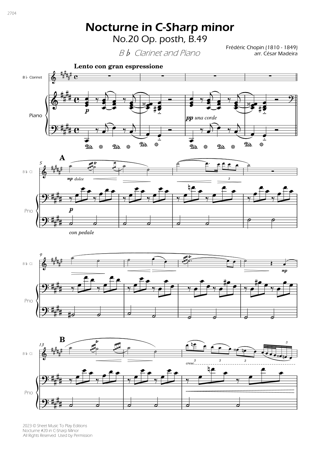Nocturne No.20 in C-Sharp minor - Bb Clarinet and Piano (Full Score) (arr. César Madeira)