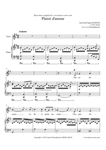 Plaisir d'Amour - Voice and Piano (arr. Anne Christopherson GRSM ARCM)