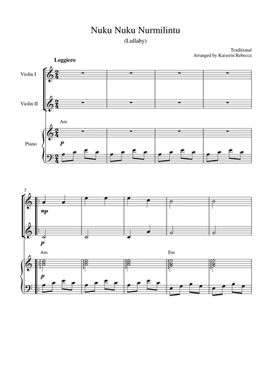 Nuku Nuku Nurmilintu (Lullaby) (for violin duet and piano accompaniment) (arr. Kaiserin Rebecca)