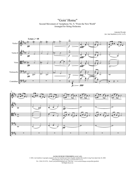 Goin' Home (2nd Movement, "New World" Symphony, complete) (Easier Key: D), arr. for String Orchestra (arr. Joel Jacklich (ASCAP))