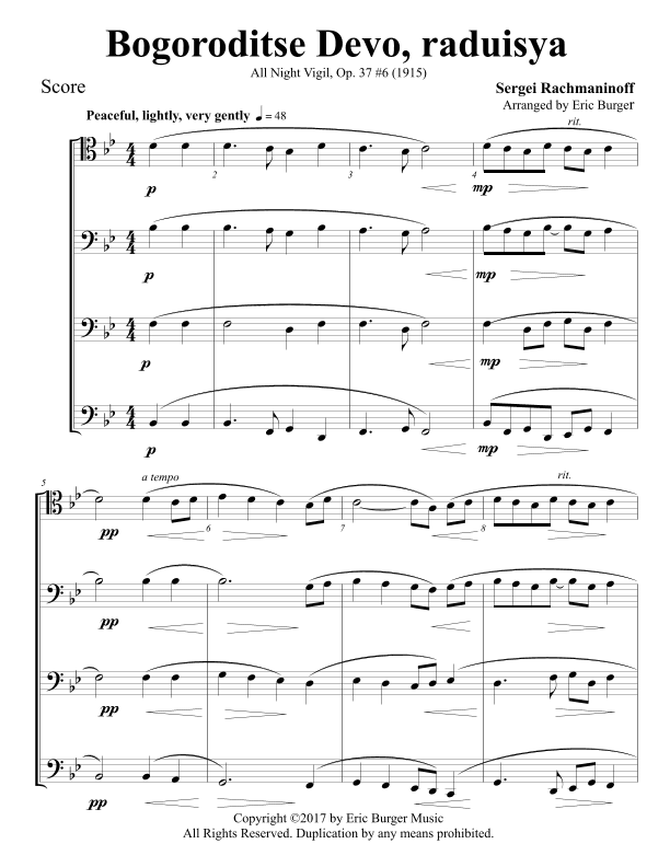 Bogoroditse Devo, raduisya for Trombone or Low Brass Quartet (arr. Eric Burger Music)