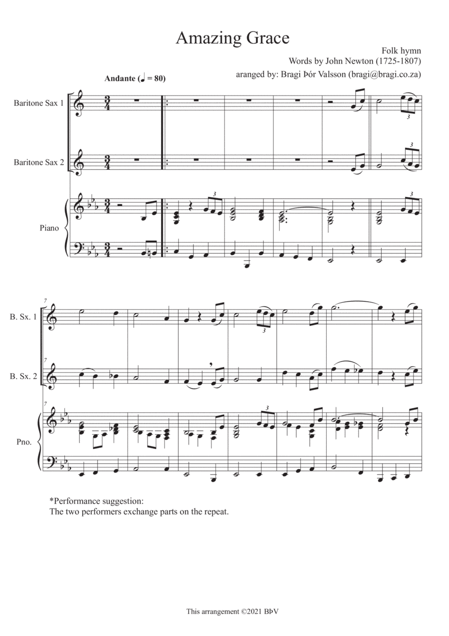 Amazing Grace - Duet for two baritone saxophones with piano accompaniment (arr. Bragi Thor Valsson)