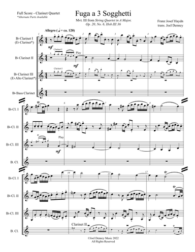 Clarinet Quartet: Haydn arr. Denney, "Fugue on 3 Subjects" (Mvt. IV, String Quartet Op. 20, No. 6) (arr. Joel Denney)