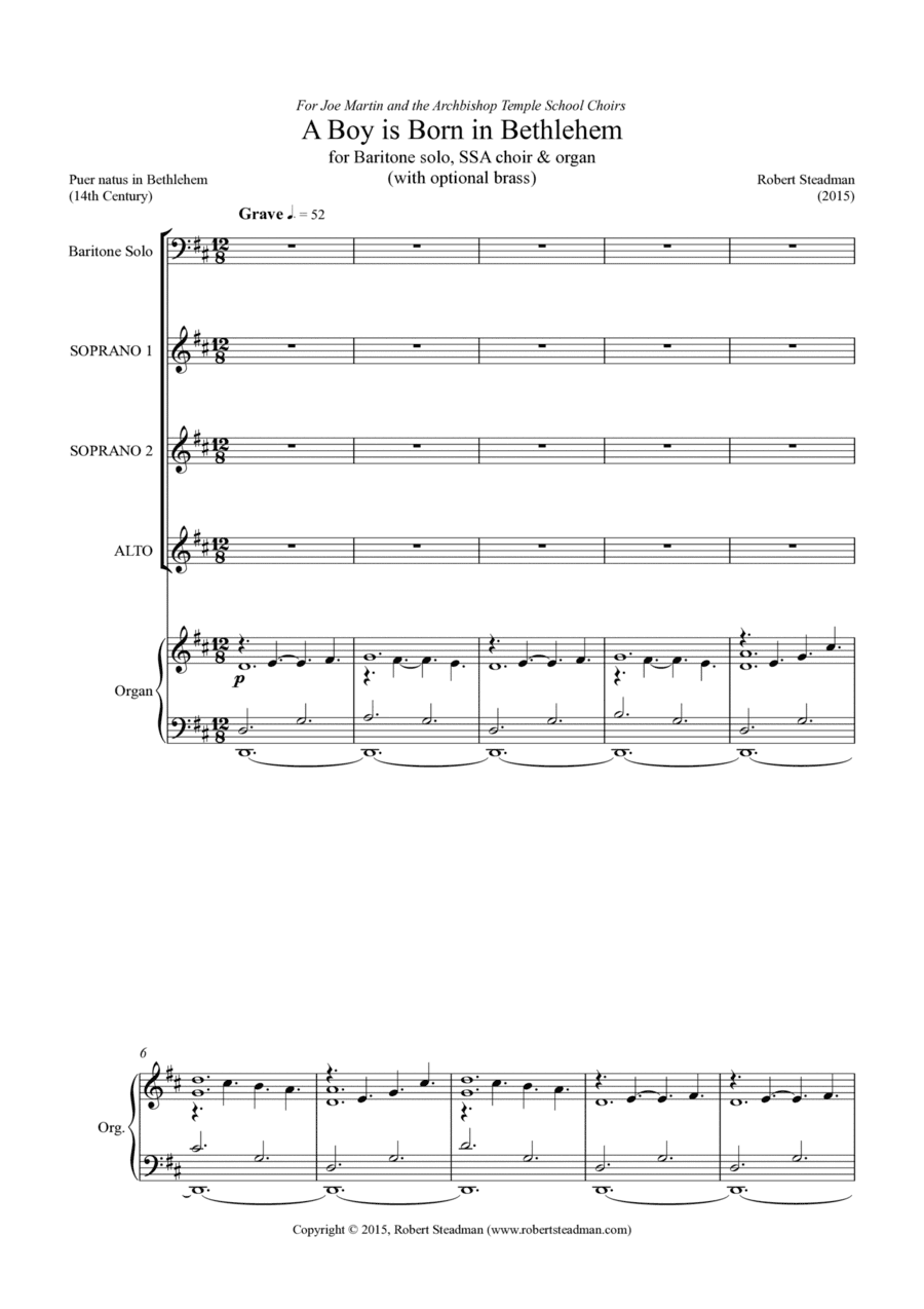 A Boy is Born in Bethlehem (for baritone solo + SSA choir and organ)