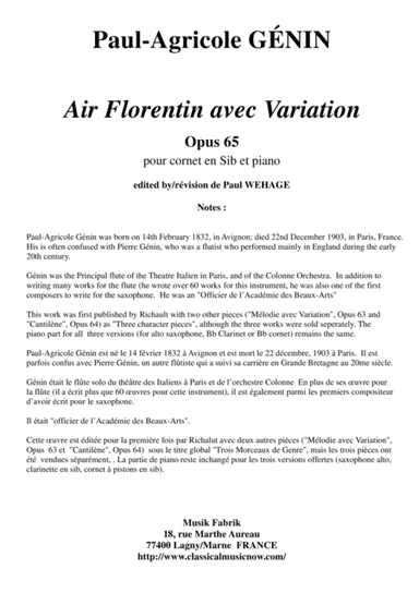 Paul-Agricole GÉNIN: Air Florentin avec Variation Opus 65 for Bb cornet and piano (arr. Paul Wehage)