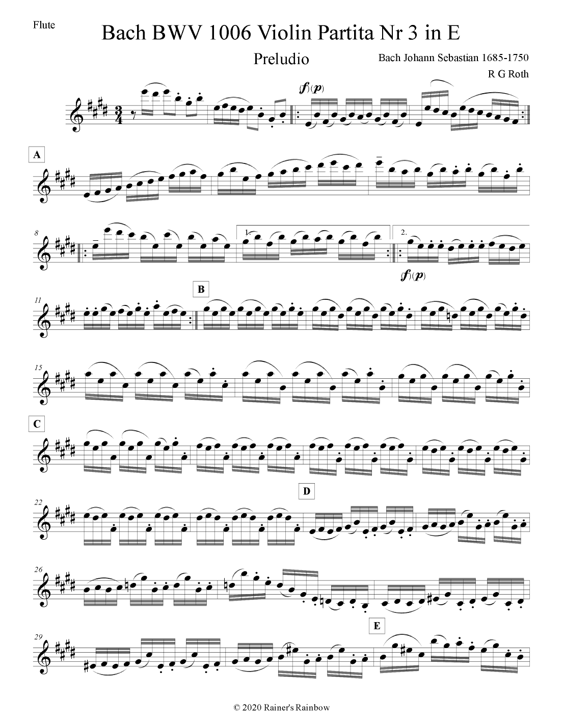 Bach BWV 1006 in E Violin Partita Nr 3 complete for solo Flute (arr. R G Roth)
