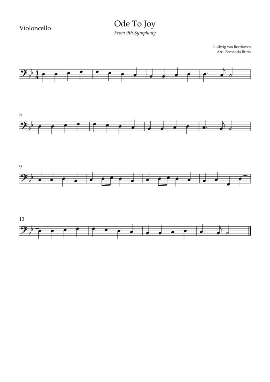 Ode To Joy (from Beethoven's 9th Symphony) for Cello Solo (arr. Fernando Britto)