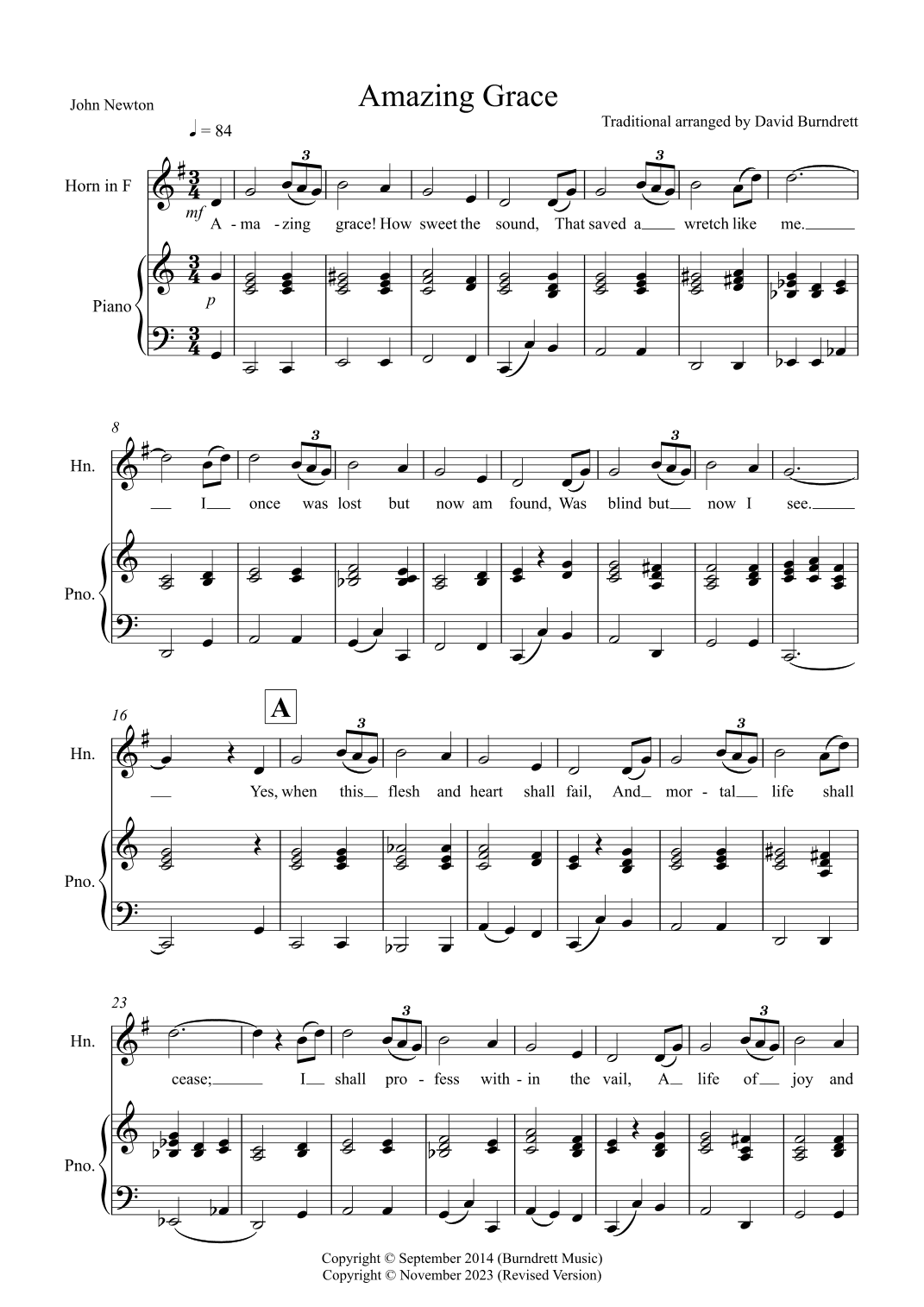 Amazing Grace for Horn and Piano (arr. David Burndrett)