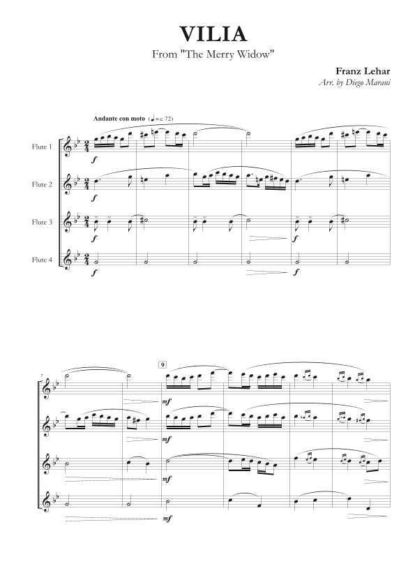 Vilia from "The Merry Widow" for Flute Quartet (arr. Diego Marani)