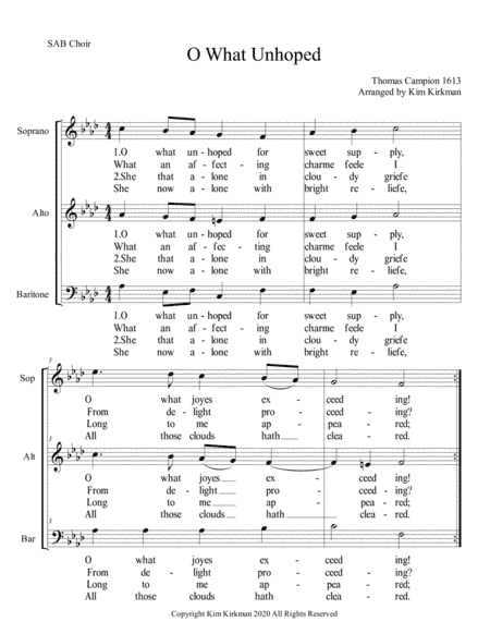 O What Unhoped madrigal by Campion SAB (arr. Kim Kirkman)