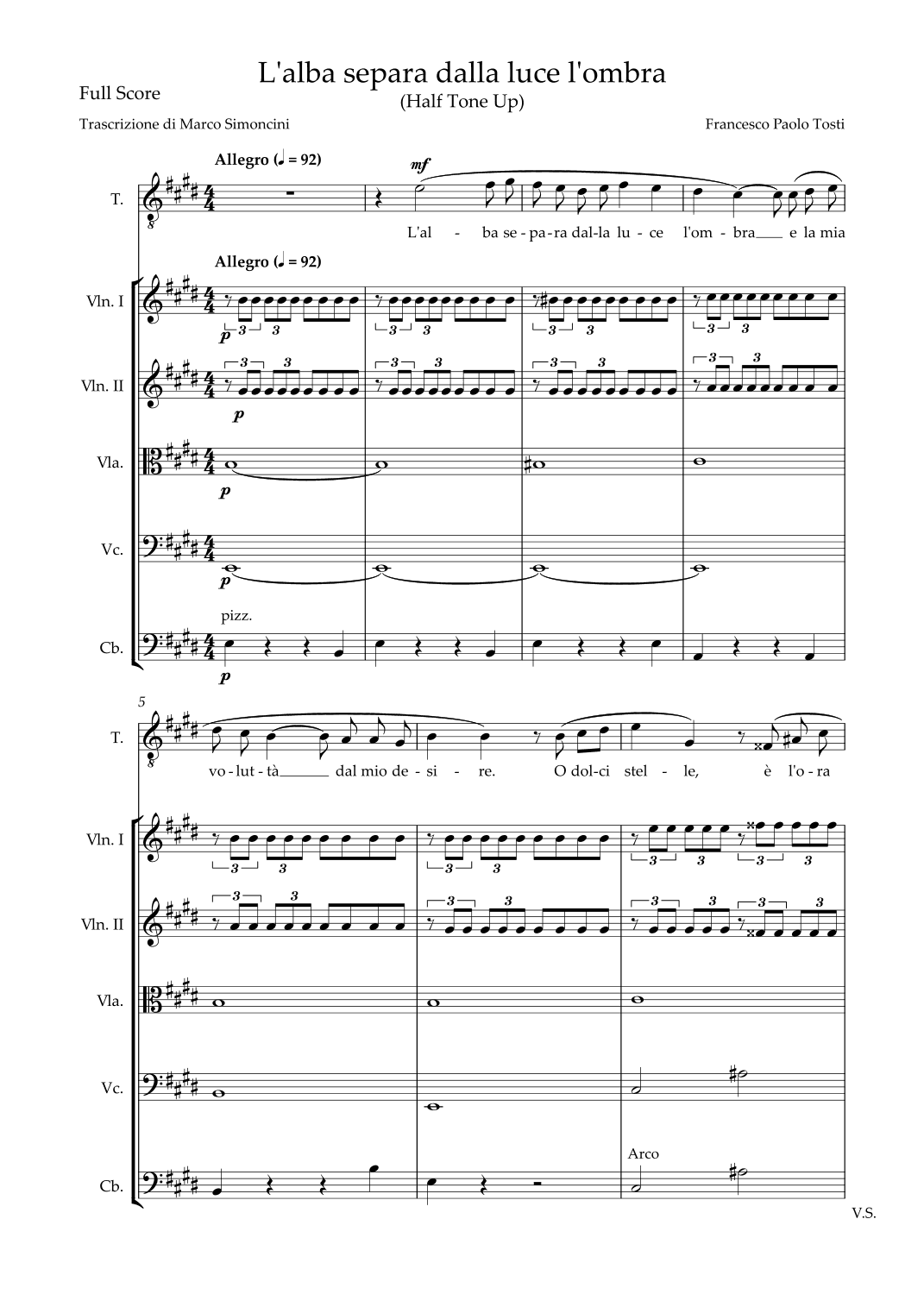L'Alba separa dalla luce l'ombra - High Voice and String Quintet - (in E) - Full Score and Parts Set (arr. Marco Simoncini)